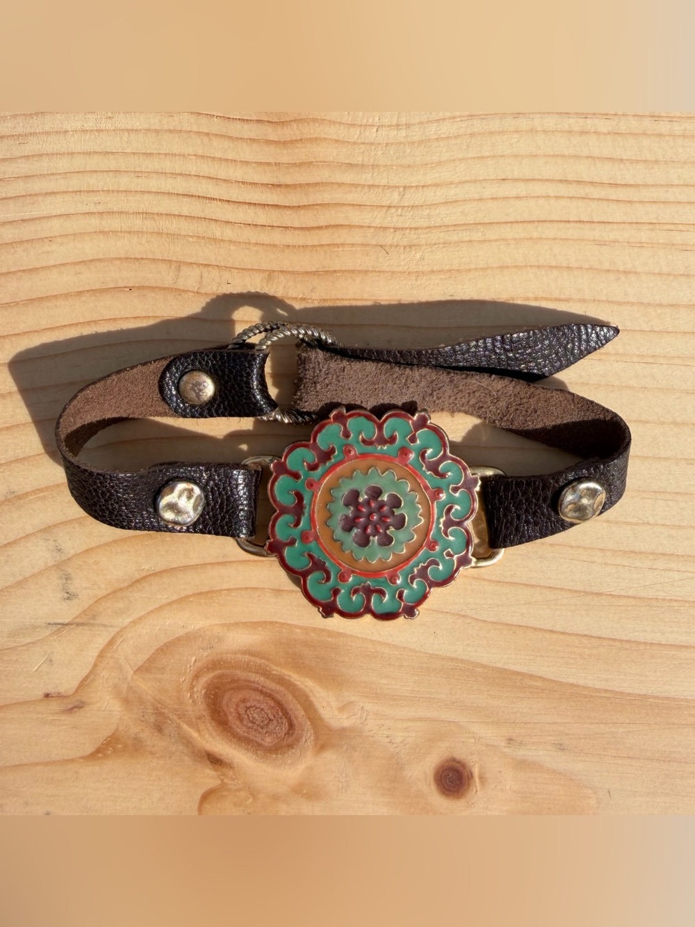 Vintage Lucky Brand Boho Brown Leather Enamel Medallion Bracelet